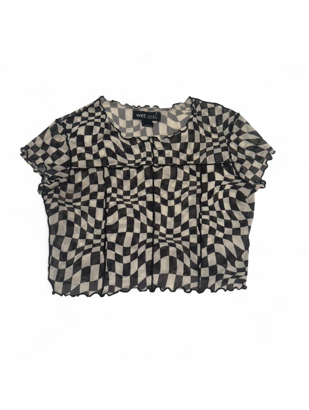 Wet Seal Black & White Checkered Mesh Streetwear Lettuce Edge Baby Tee Size XS